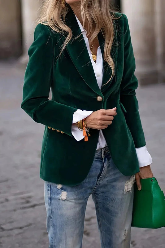 Front view of Lapel Collar One Button Blazer in Dark Green showing neckline and sleeve details