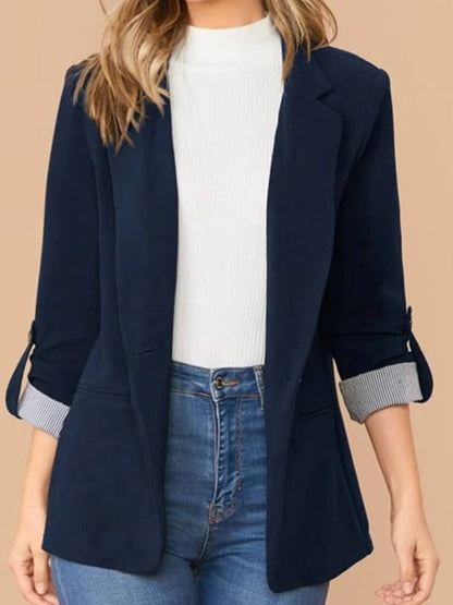 Front view of Lapel Collar Roll-Tab Sleeve Blazer in Dark Blue showing neckline and sleeve details
