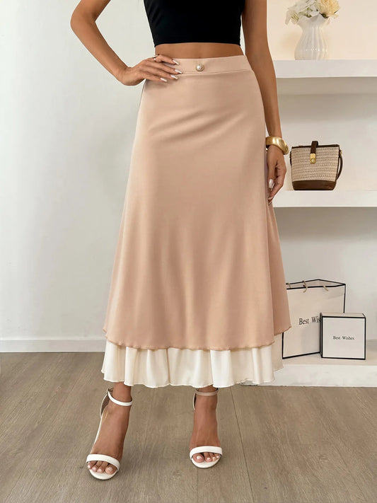 Front view of Layered Midi Skirt with Contrast Hem Detail in Khaki showing neckline and sleeve details (100% polyester)
