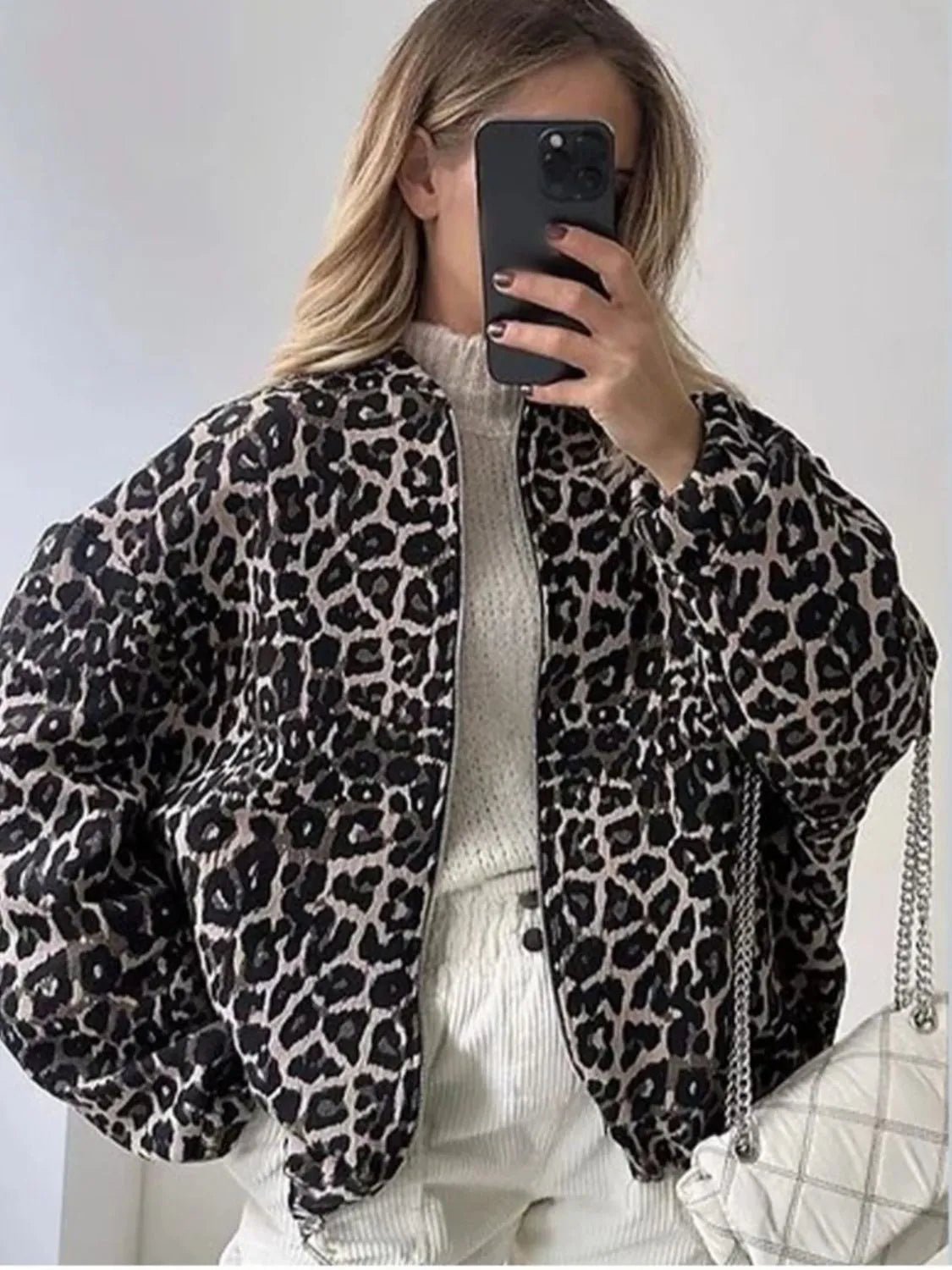 Front view of Leopard Print Oversized Bomber Jacket in Leopard Print showing neckline and sleeve details