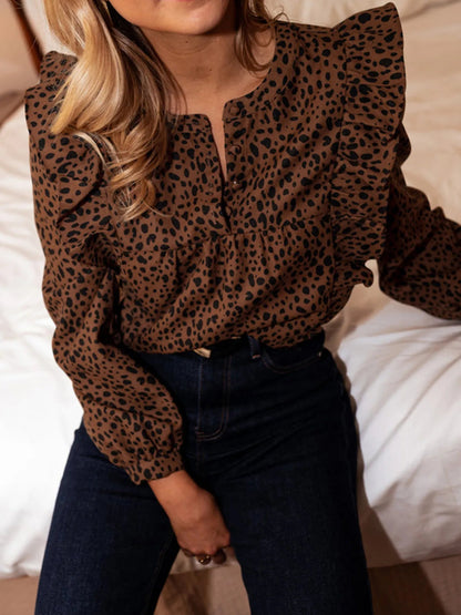 Front view of Leopard Print Ruffled Puff Sleeve Blouse in Dark Brown showing neckline and sleeve details