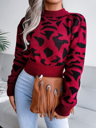 Front view of Leopard Round Neck Dropped Shoulder Sweater in Gray showing neckline and sleeve details