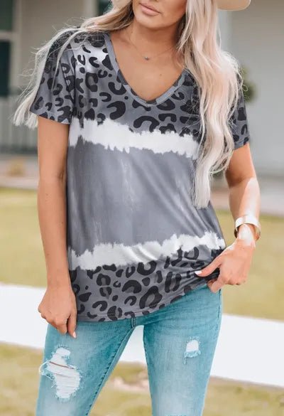 Front view of Leopard V-Neck Short Sleeve T-Shirt in Cloudy Blue showing neckline and sleeve details