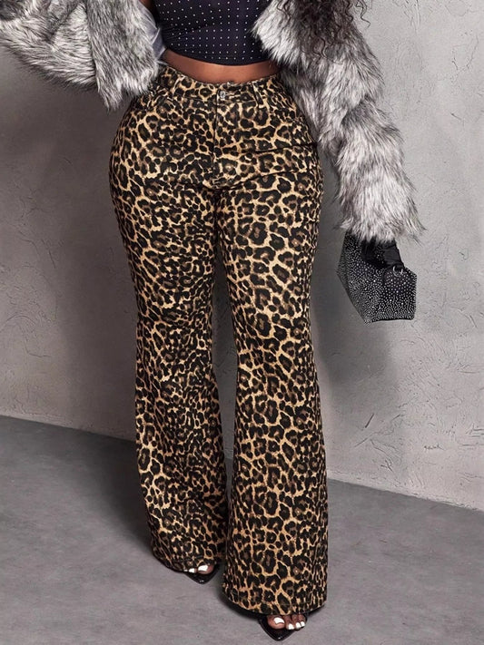 Front view of Leopard Wide Leg Pants in Brown showing neckline and sleeve details