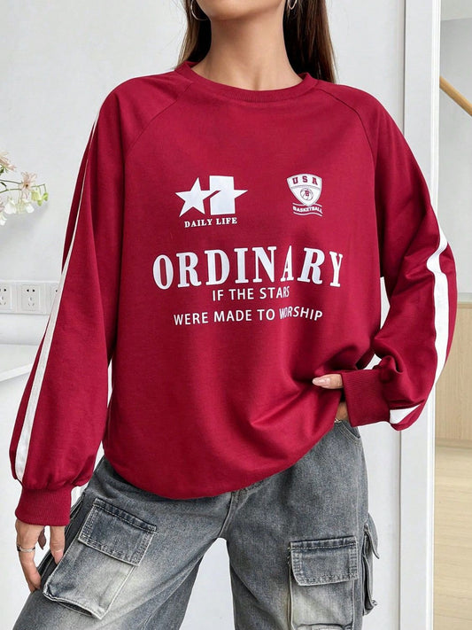 Letter Graphic Round Neck Long Sleeve Sweatshirt - Rochelle's House LLC