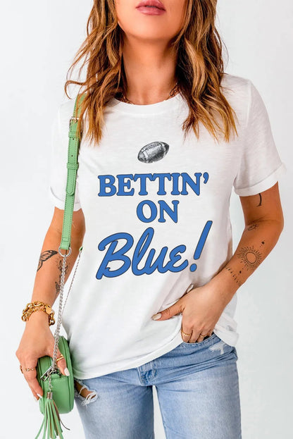 Front view of Letter Graphic Round Neck Short Sleeve T-Shirt in Peacock  Blue showing neckline and sleeve details