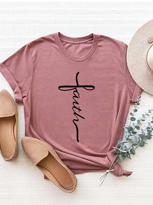 Front view of Letter Graphic Round Neck Short Sleeve T-Shirt in Dusty Pink showing neckline and sleeve details