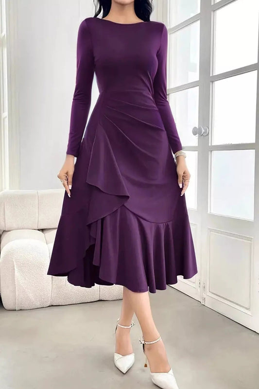 Front view of Long Sleeve Ruched Midi Dress with Asymmetrical Ruffle Hem in Purple showing neckline and sleeve details