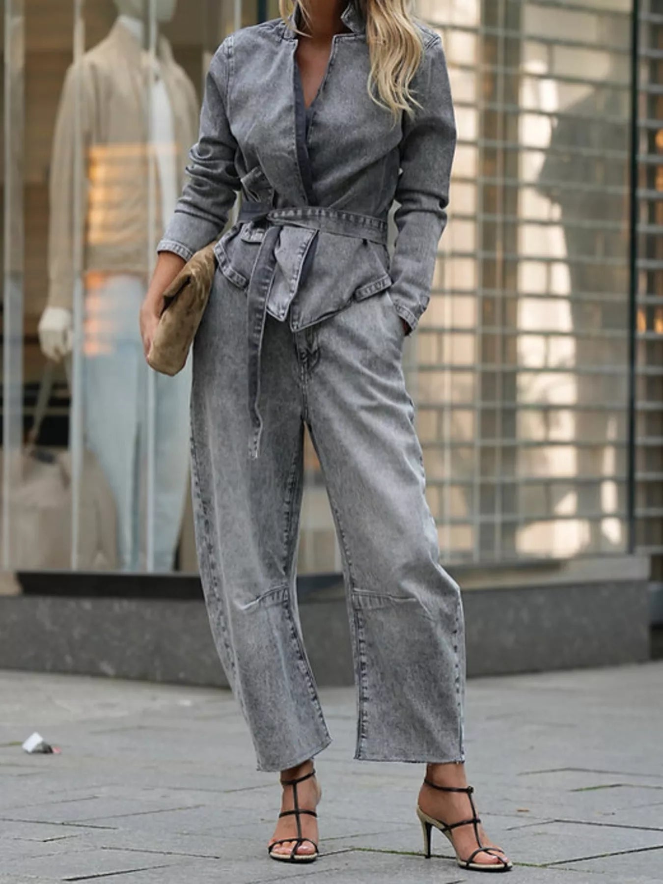 Front view of Long Sleeve Top and Wide Leg Jeans Denim Set in Gray showing neckline and sleeve details
