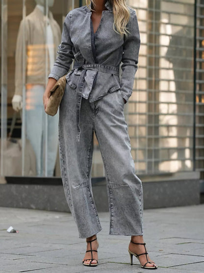 Front view of Long Sleeve Top and Wide Leg Jeans Denim Set in Gray showing neckline and sleeve details