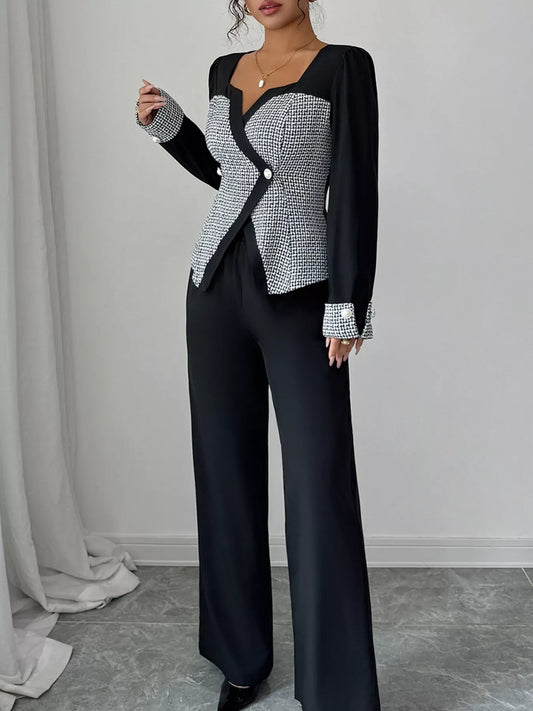 Front view of Long Sleeve Top and Wide Leg Pants Set in Black showing neckline and sleeve details