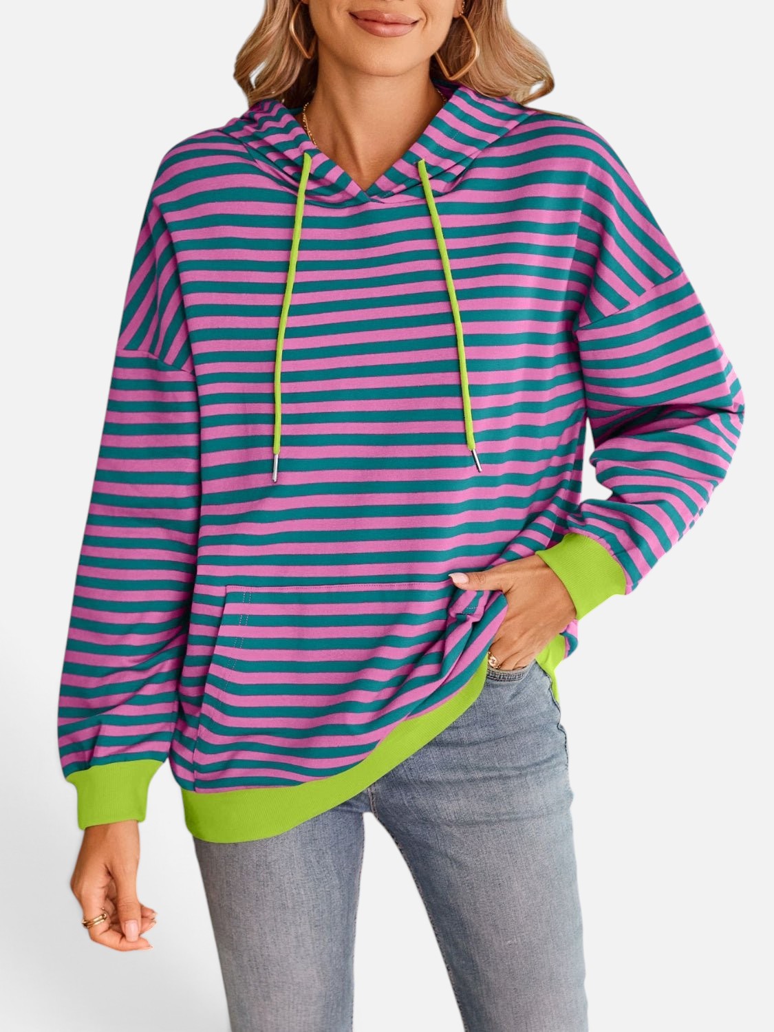 Lovelet Drawstring Striped Long Sleeve Hoodie - Rochelle's House LLC