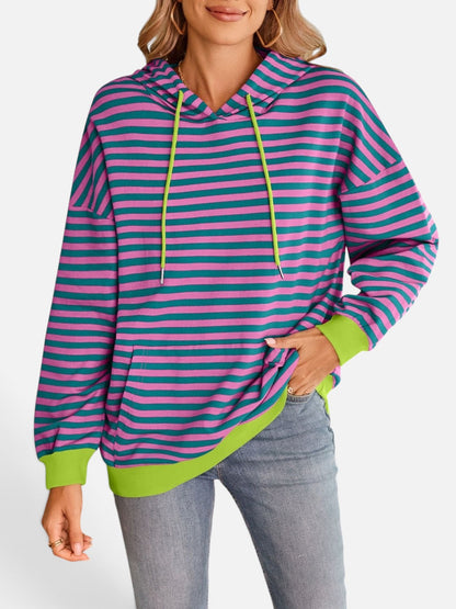 Lovelet Drawstring Striped Long Sleeve Hoodie - Rochelle's House LLC