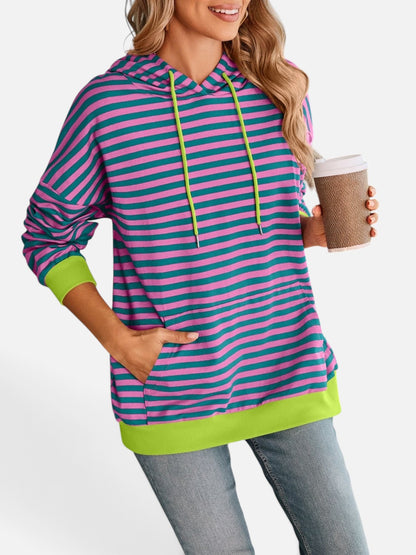 Lovelet Drawstring Striped Long Sleeve Hoodie - Rochelle's House LLC