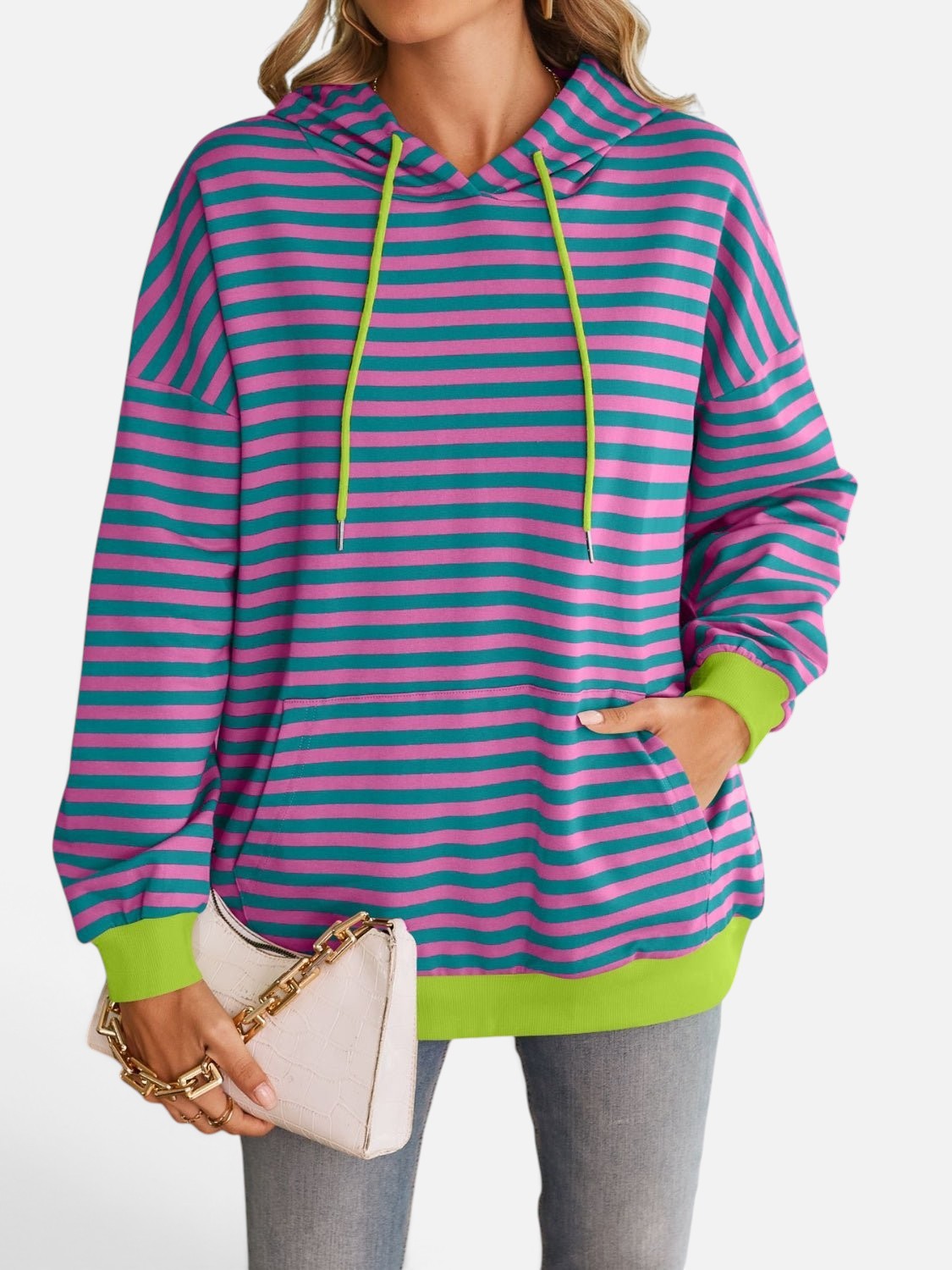 Lovelet Drawstring Striped Long Sleeve Hoodie - Rochelle's House LLC