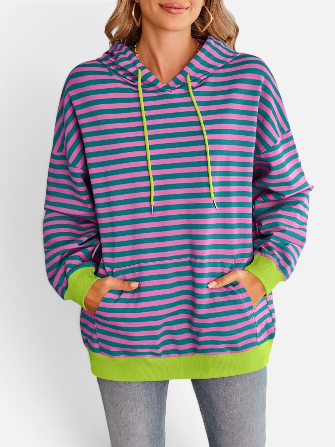 Lovelet Drawstring Striped Long Sleeve Hoodie - Rochelle's House LLC