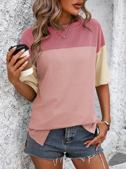 Front view of Mandy Color Block Round Neck Half Sleeve T-Shirt in Deep Rose/Pink showing neckline and sleeve details