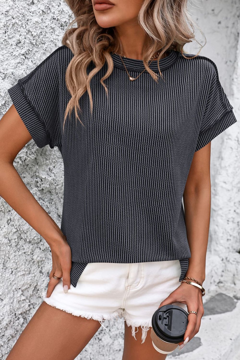 Front view of Mandy Striped Round Neck Short Sleeve T-Shirt in Dark Gray showing neckline and sleeve details