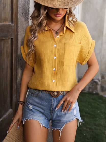 Mandy Textured Pocketed Button Up Shirt - Rochelle's House LLC