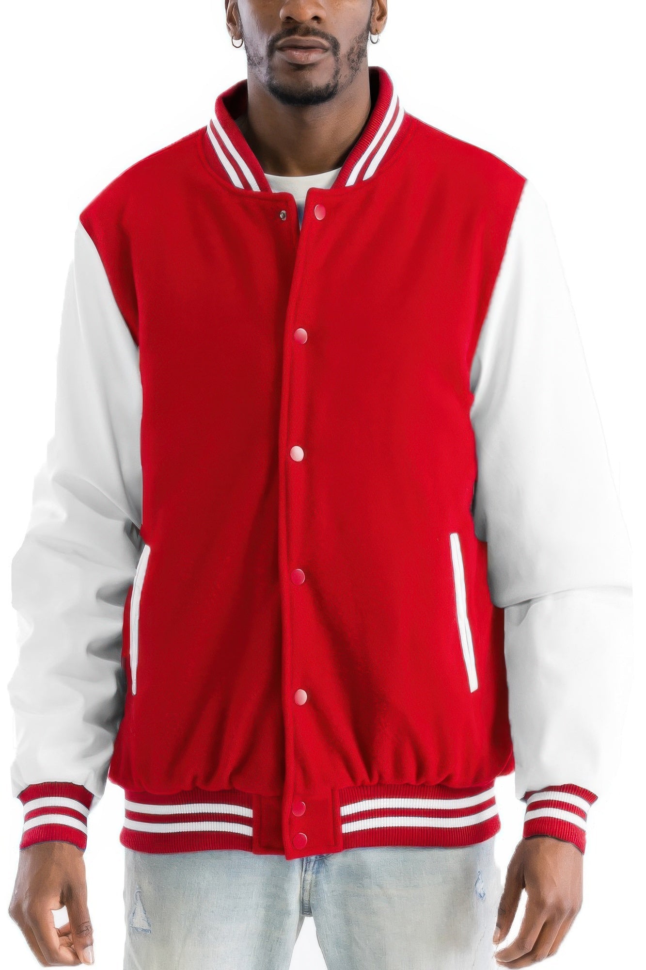 Front view of Melton Lettermans Varsity Jacket showing neckline and sleeve details (polyester)