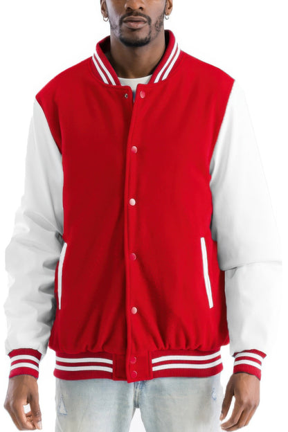 Front view of Melton Lettermans Varsity Jacket showing neckline and sleeve details (polyester)