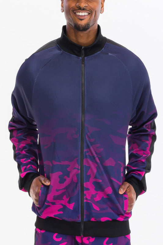 Front view of Mens Camo Ombre Track Jacket showing neckline and sleeve details (95% polyester and)