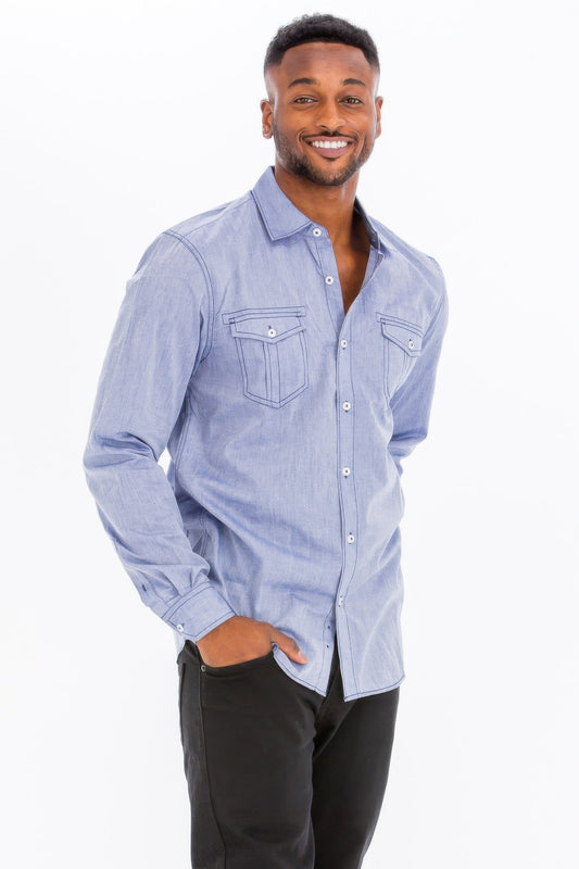 Front view of Men's Casual Long Sleeve Shirts showing neckline and sleeve details (polyester)