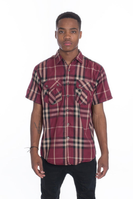 Front view of Men's Casual Short Sleeve Checker Shirts showing neckline and sleeve details (55% cotton and)