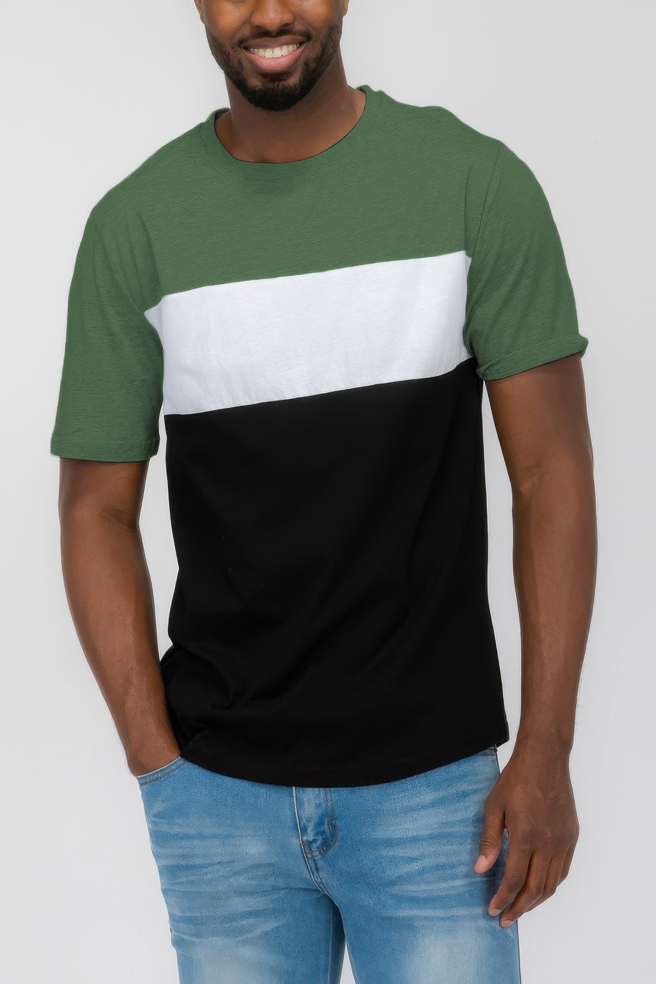 Front view of Mens Color Block Short Sleeve Tshirt showing neckline and sleeve details