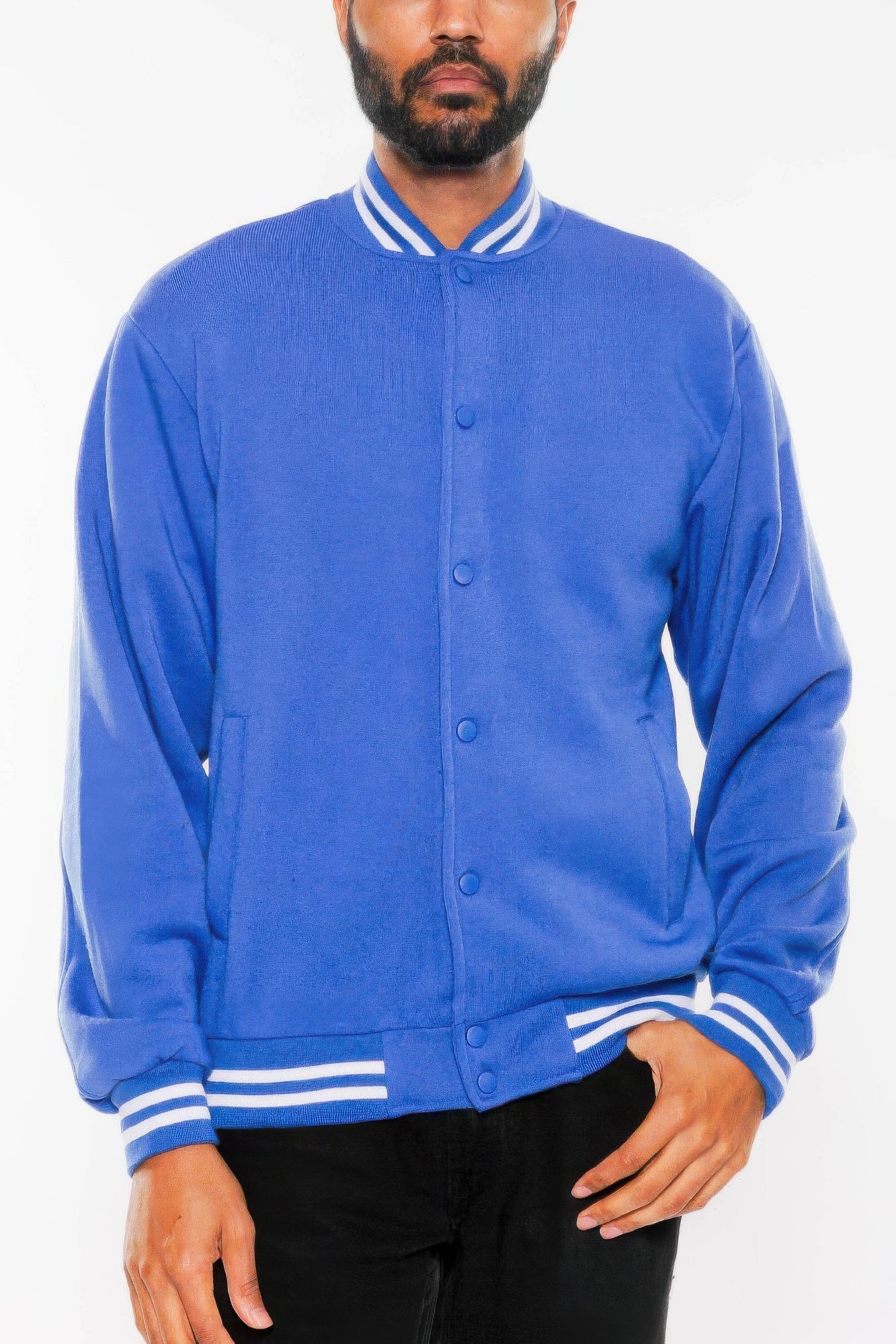 Front view of Mens Fleece Snap Button Varsity Jacket showing neckline and sleeve details (100% polyester)