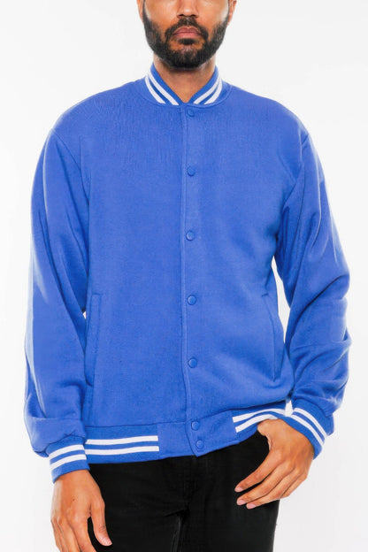 Front view of Mens Fleece Snap Button Varsity Jacket showing neckline and sleeve details (100% polyester)