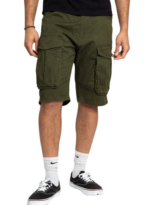 Front view of Men's Full Size Cargo Bermuda Shorts Plus Size in Army Green showing neckline and sleeve details