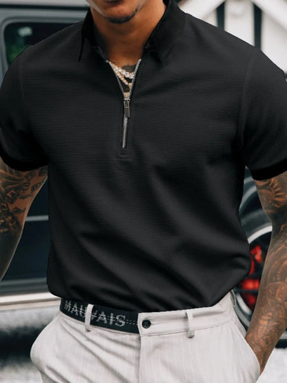 Front view of Men's Full Size Collared Neck Short Sleeve Polo Plus Size in Black showing neckline and sleeve details