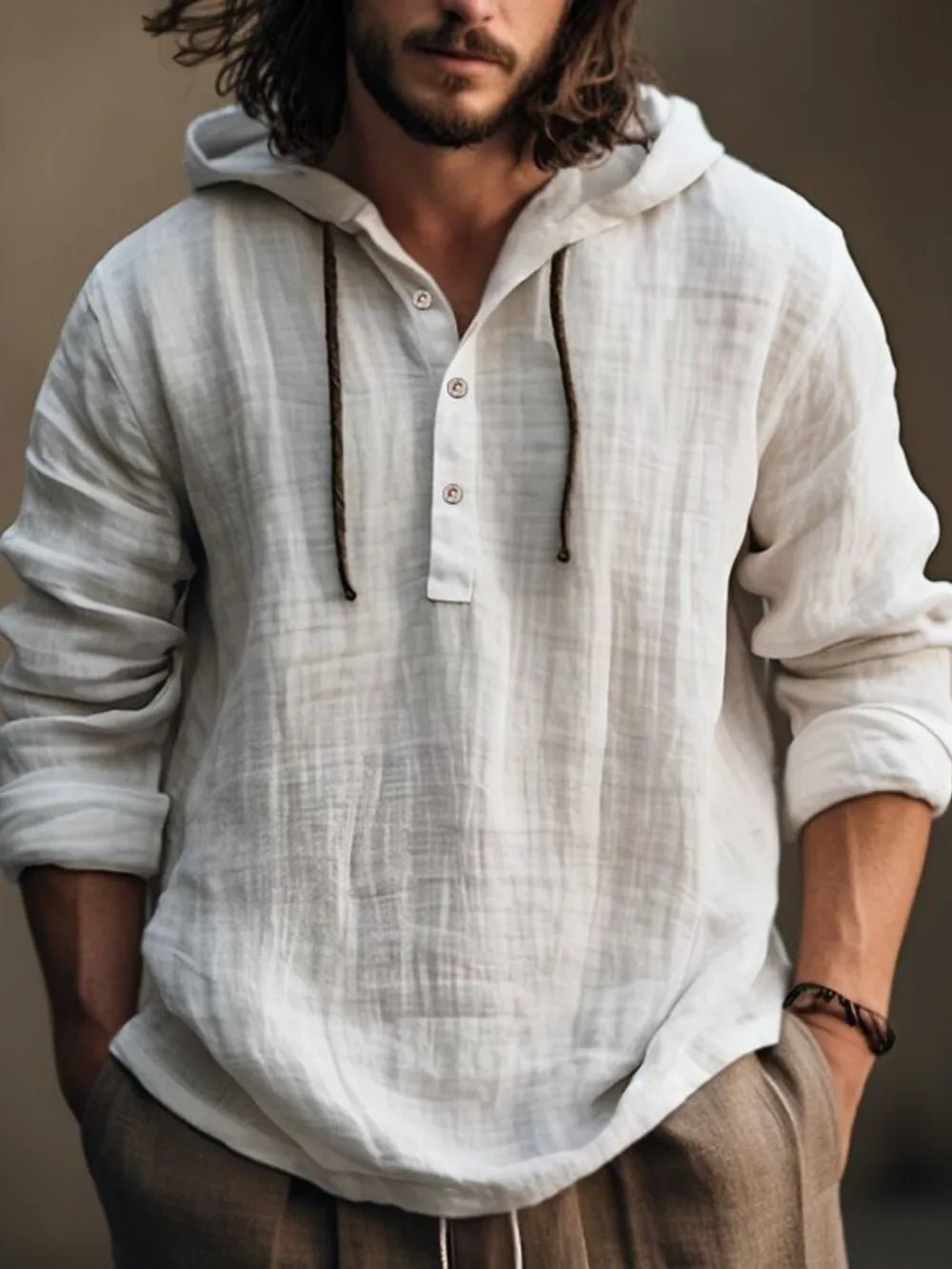Front view of Men's Full Size Half Button Long Sleeve Hoodie in Ivory showing neckline and sleeve details