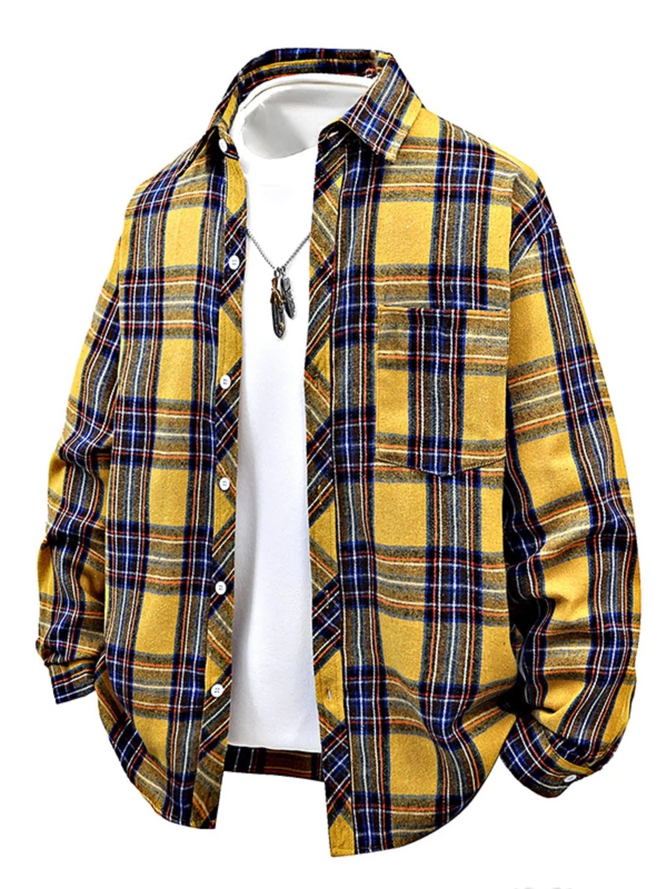 Front view of Men's Full Size Plaid Button Up Long Sleeve Shirt Plus Size in Yellow showing neckline and sleeve details