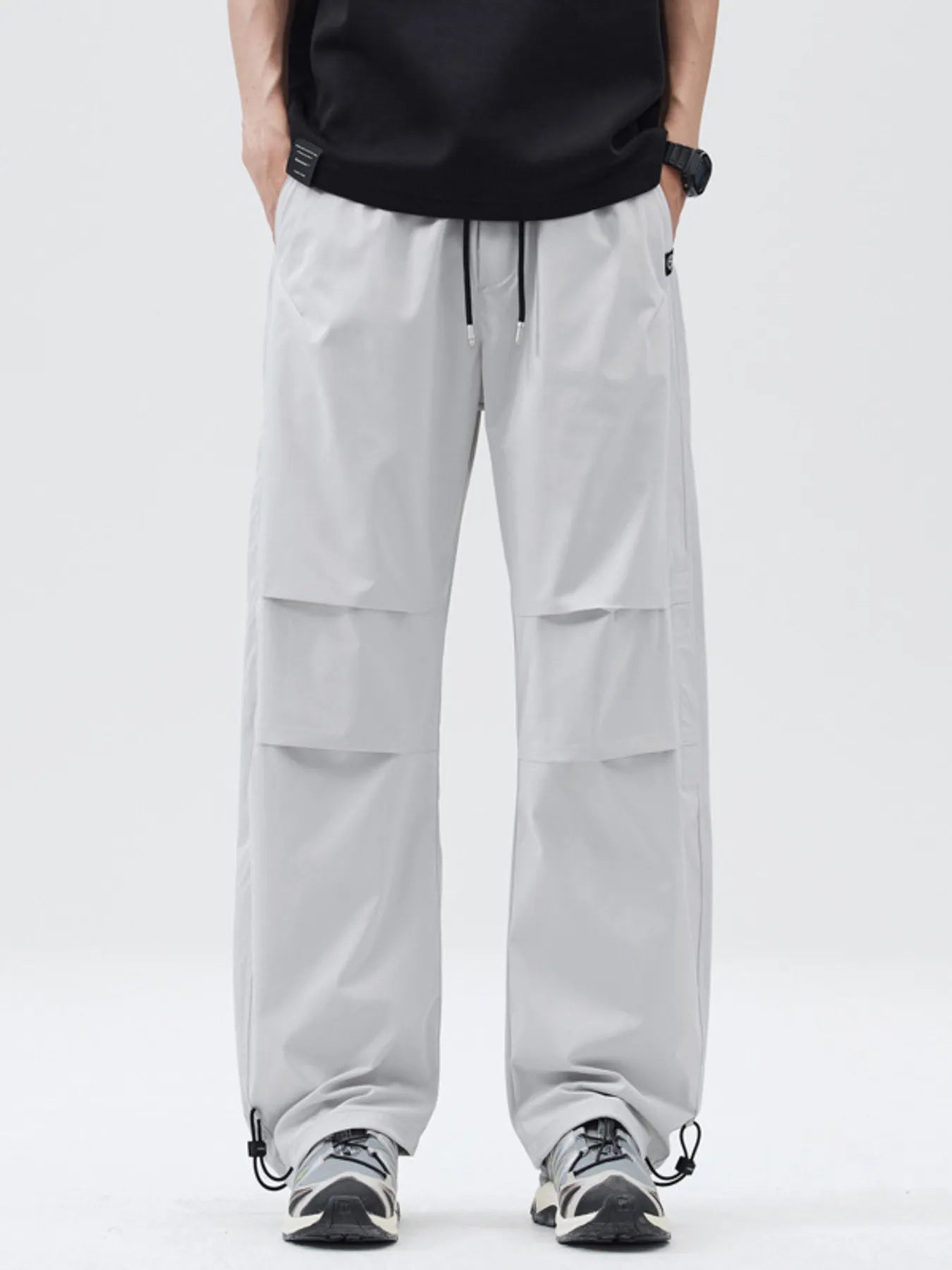 Front view of Men's Full Size Relaxed Fit Drawstring Pants Plus Size in Grey showing neckline and sleeve details