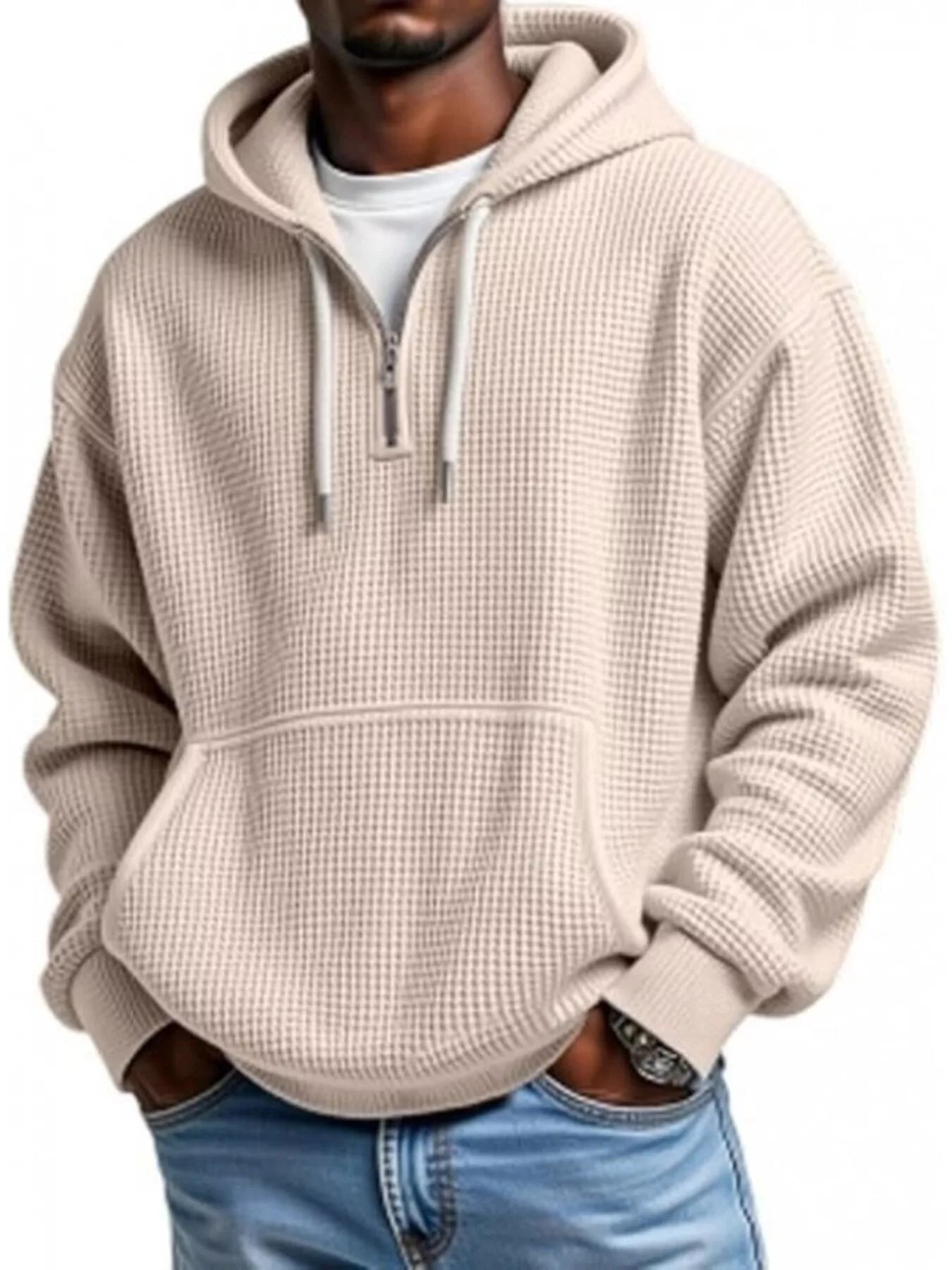 Men's Full Size Waffle Knit Quarter Zip Hoodie Plus Size - Rochelle's House LLC