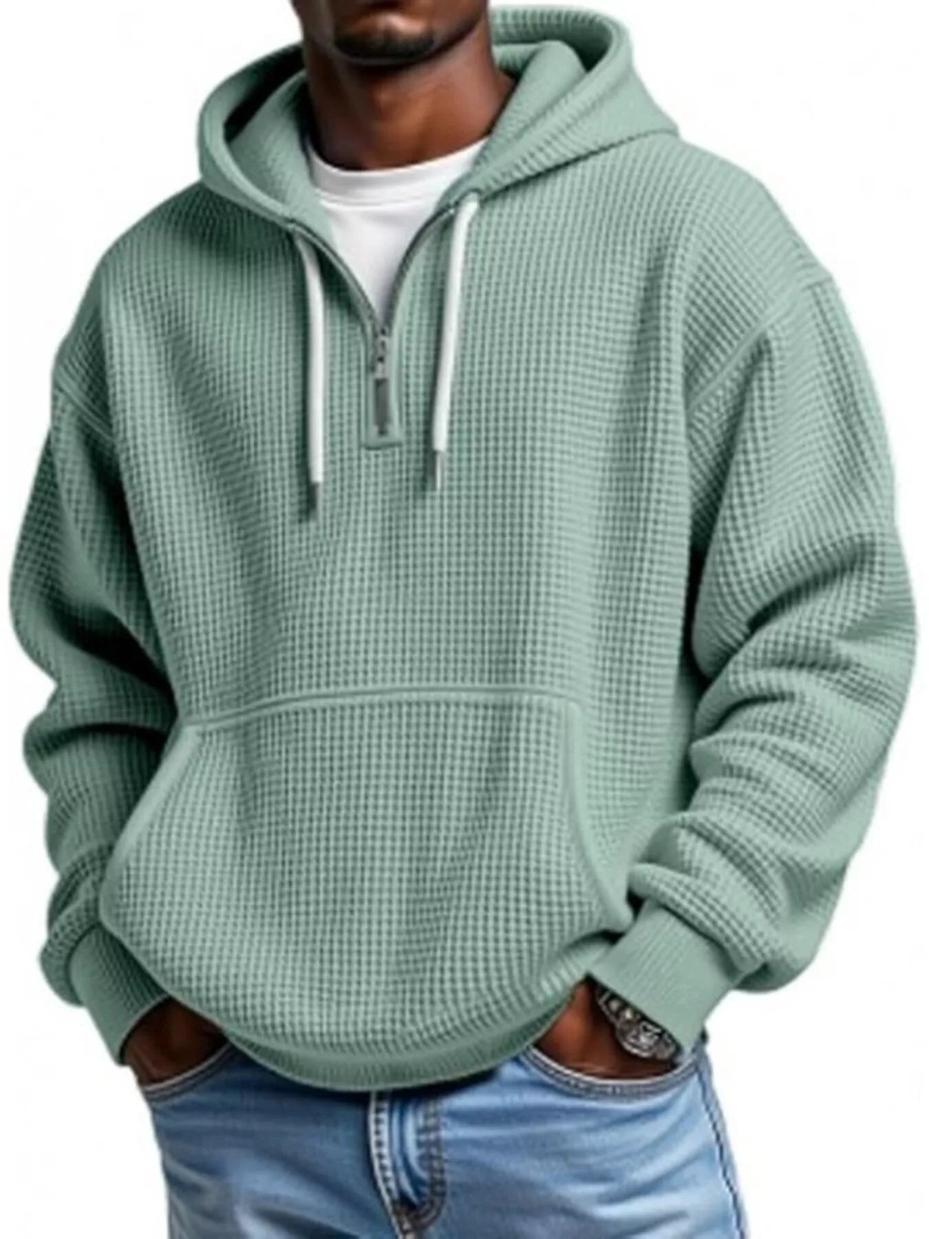 Men's Full Size Waffle Knit Quarter Zip Hoodie Plus Size - Rochelle's House LLC