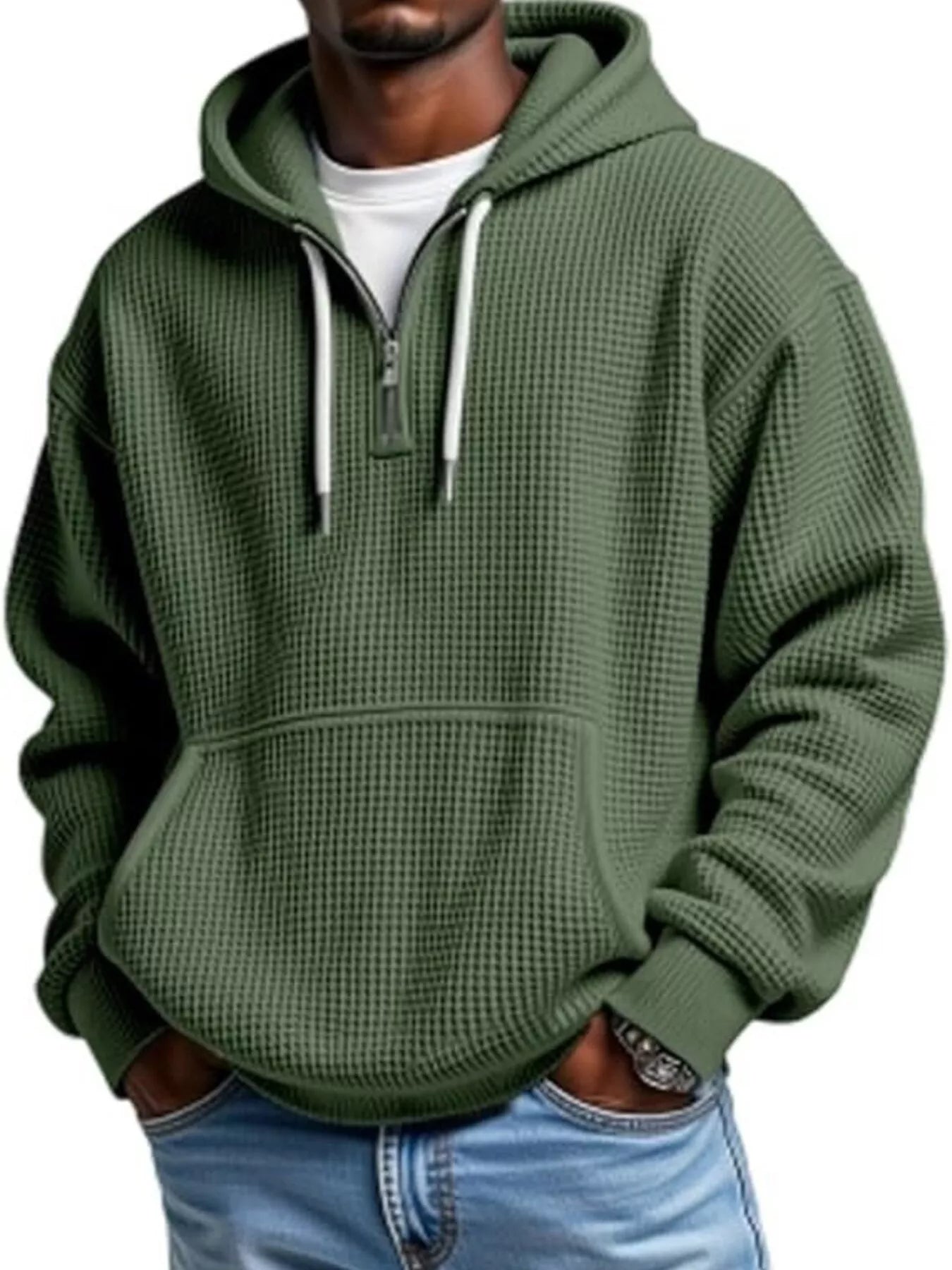 Men's Full Size Waffle Knit Quarter Zip Hoodie Plus Size - Rochelle's House LLC