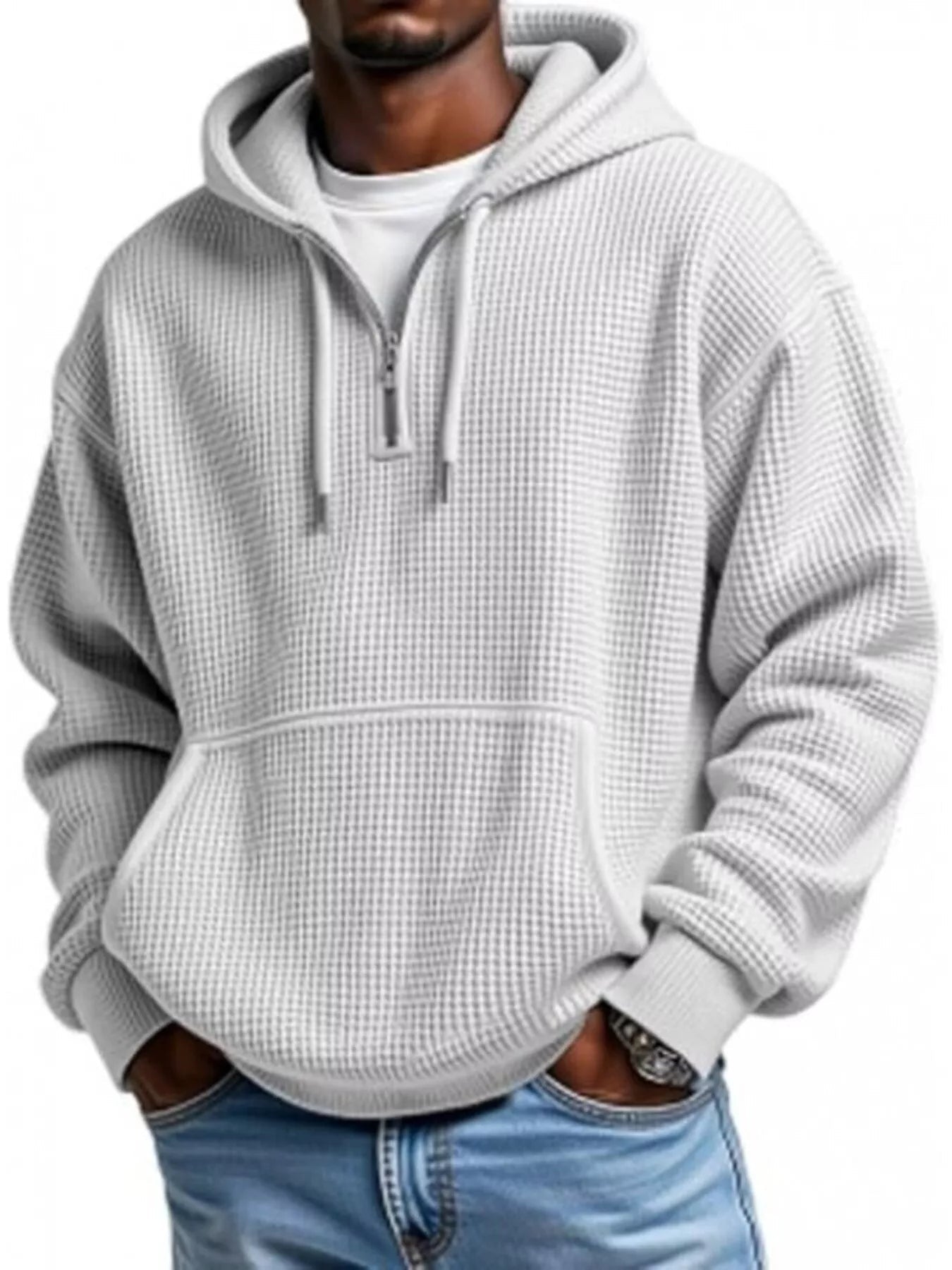 Men's Full Size Waffle Knit Quarter Zip Hoodie Plus Size - Rochelle's House LLC