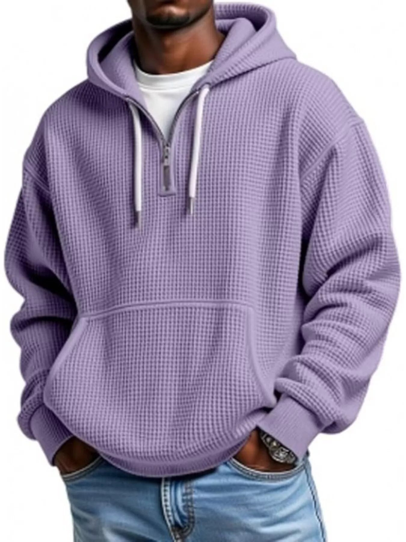 Men's Full Size Waffle Knit Quarter Zip Hoodie Plus Size - Rochelle's House LLC