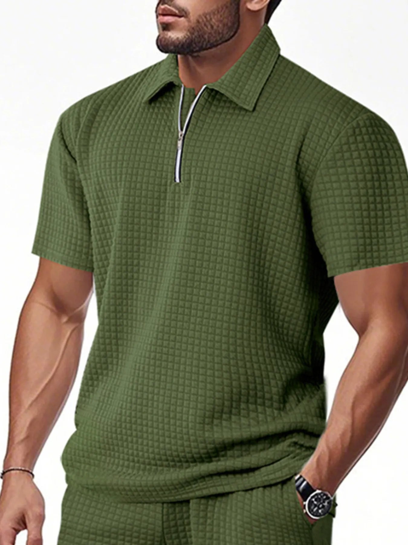 Front view of Men's Full Size Waffle Short Sleeve Polo with Zipper Detail Plus Size in Army Green showing neckline and sleeve