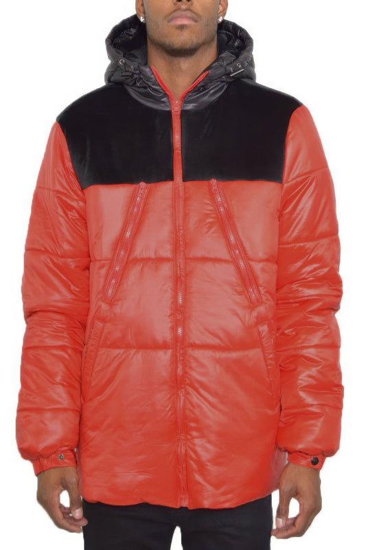Front view of Mens Padded Buffle Puffer Jacket showing neckline and sleeve details (100% nylon)