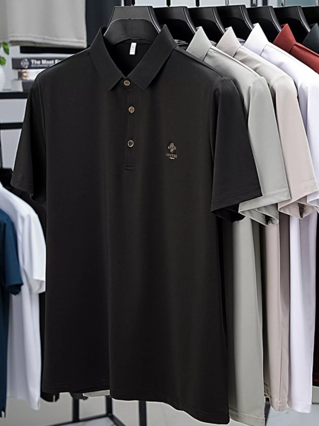 Front view of Men's Plus Size Button Detail Short Sleeve Polo in White showing neckline and sleeve details