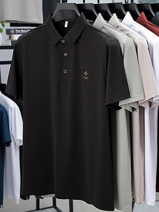 Front view of Men's Plus Size Button Detail Short Sleeve Polo in White showing neckline and sleeve details