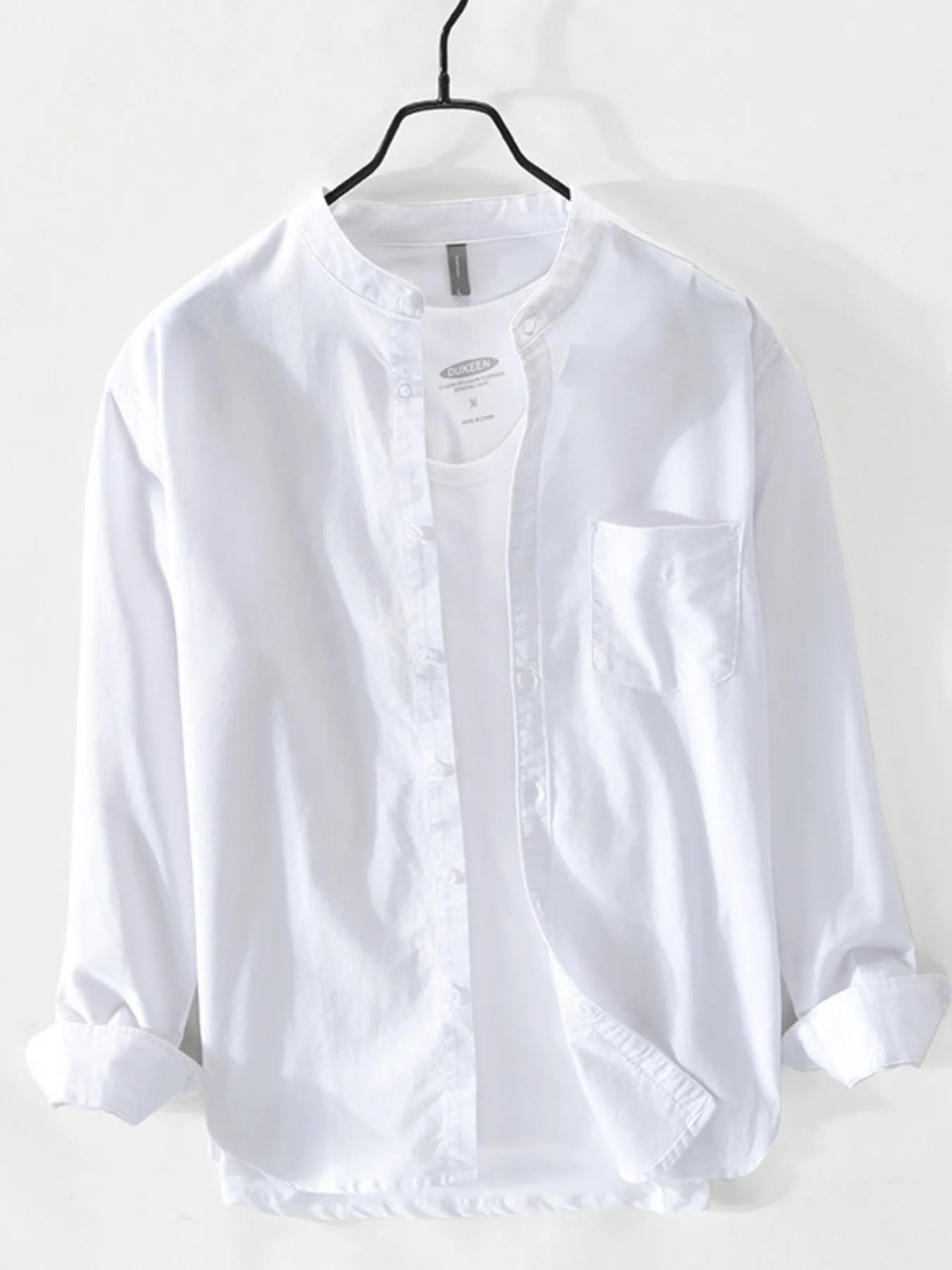 Front view of Men's Plus Size Button Up Long Sleeve Shirt in White showing neckline and sleeve details