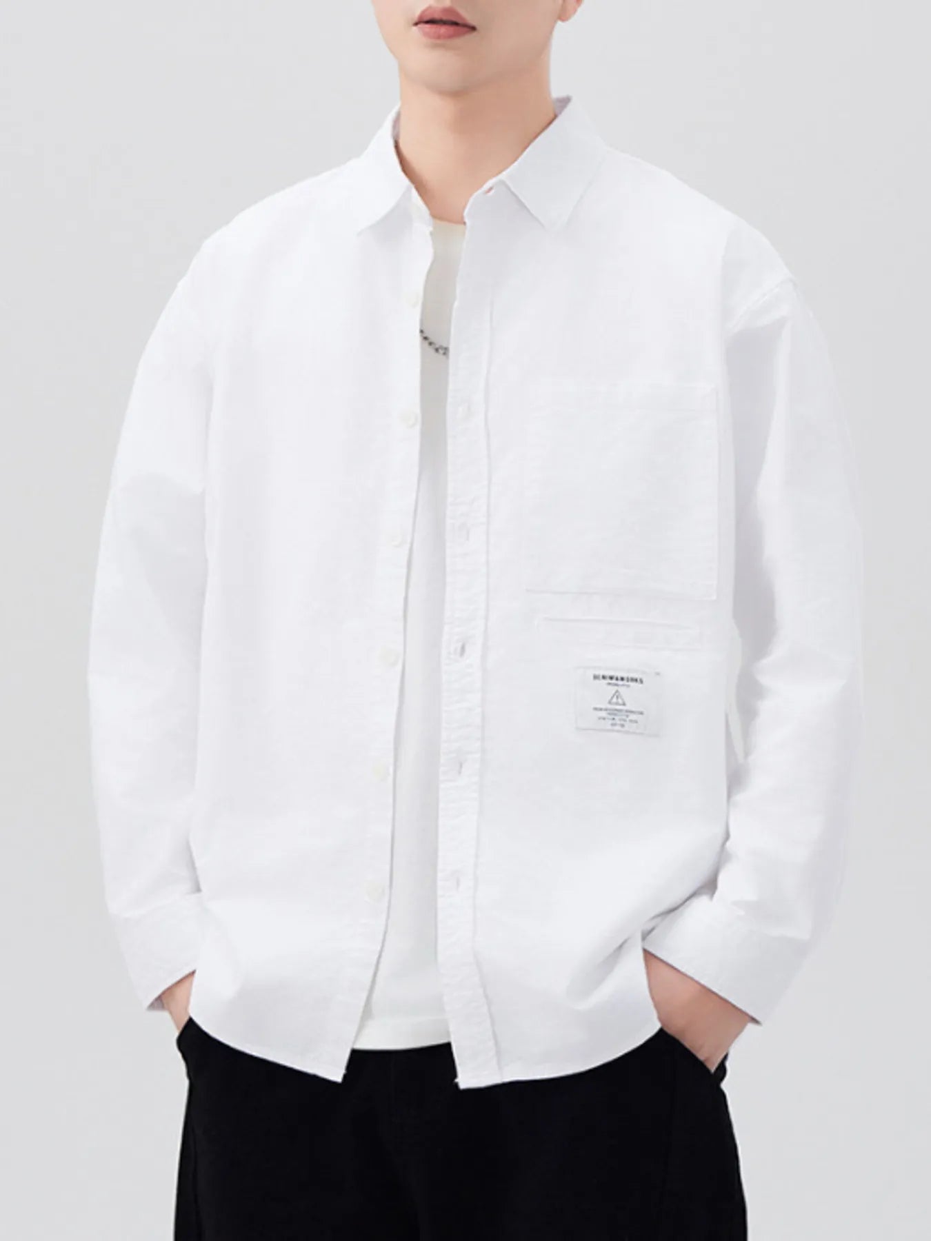 Front view of Men's Plus Size Button Up Long Sleeve Shirt in White showing neckline and sleeve details