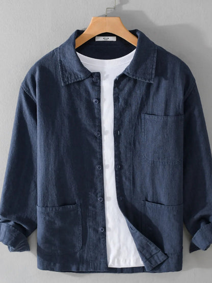 Front view of Men's Plus Size Button-Up Shirt with Chest Pocket in Dark Blue showing neckline and sleeve details