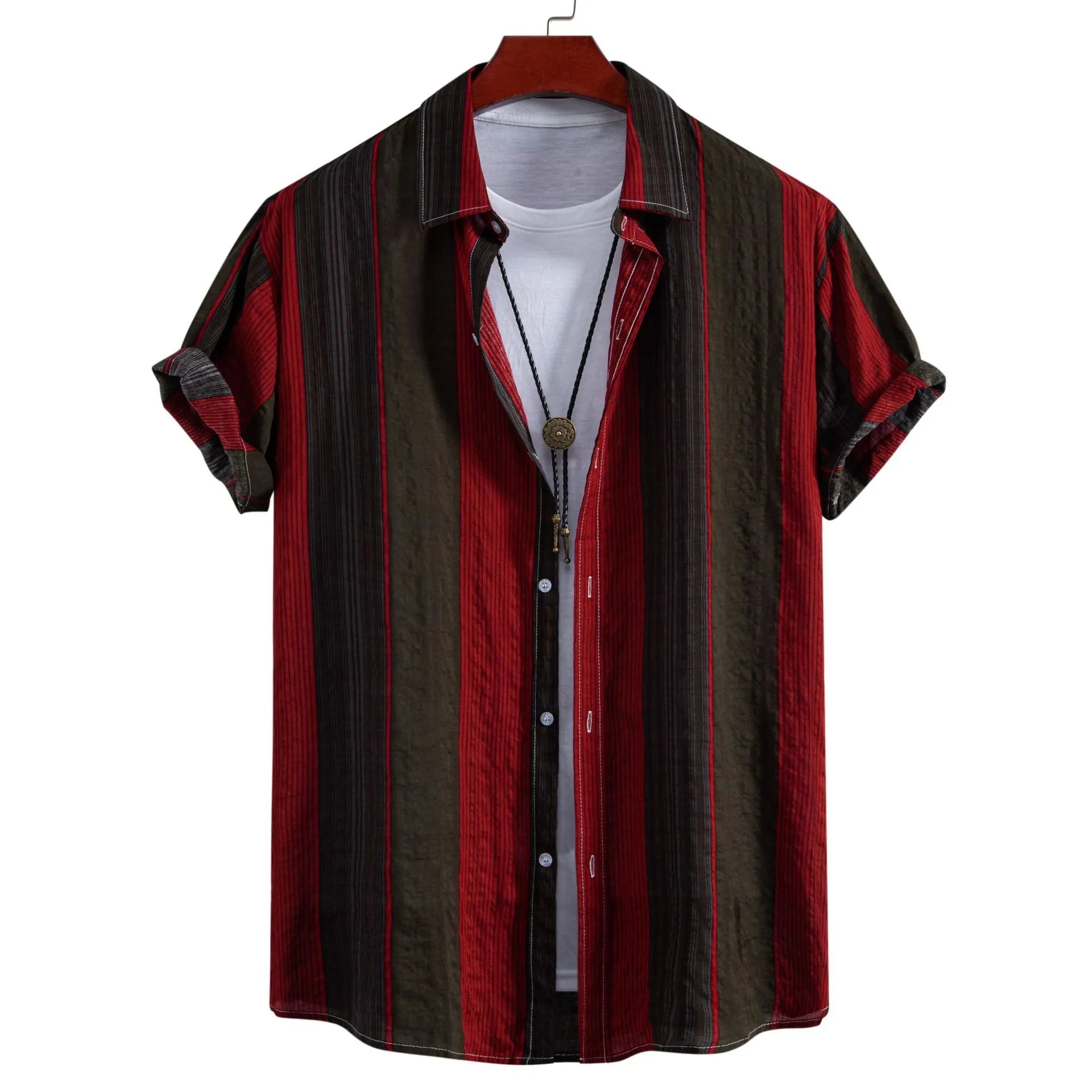 Front view of Men's Plus Size Button Up Short Sleeve Shirt in Burgundy showing neckline and sleeve details (100% Pure Cotton)