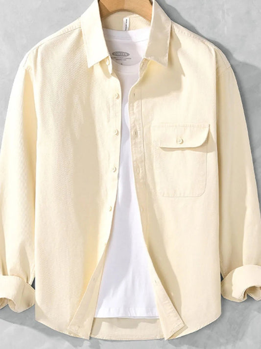Front view of Men's Plus Size Casual Button-Down Shirt with Chest Pocket in Apricot showing neckline and sleeve details